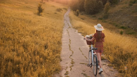 Back-plan-slow-motion:-a-Beautiful-blonde-in-a-dress-with-flowers-in-a-basket-and-a-retro-bike-walks-along-the-road-in-the-summer-field-looking-around-and-smiling-feeling-free.